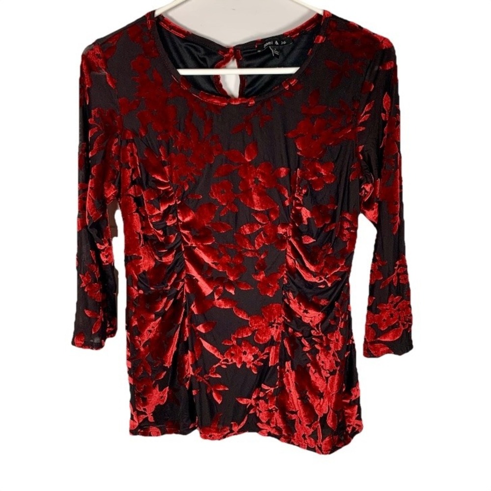 Sami & Jo Floral Velvet Top Burnout Red Black Ruched 3/4 Sleeve Women S Goth